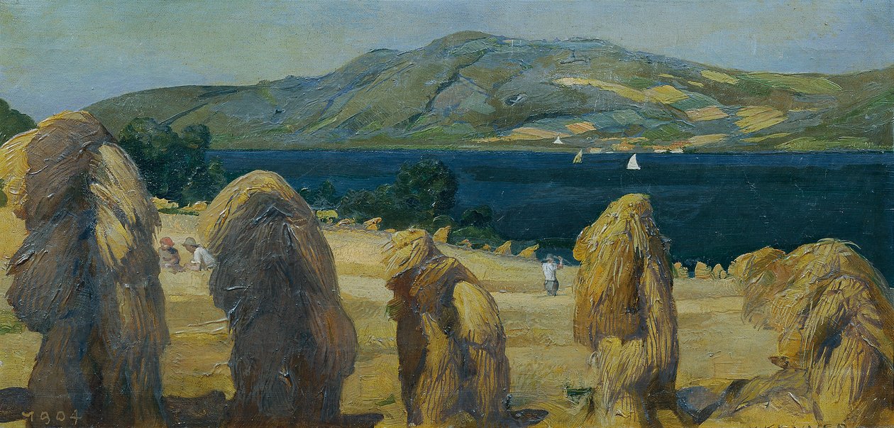 Attersee landschap met graanstapels door Anton Josef von Kenner