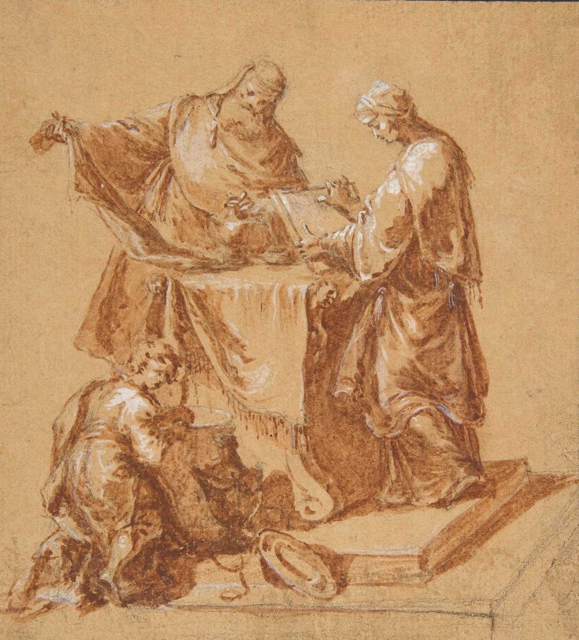 Een hogepriester, de profetes Anna en een knielende jongen rond een tafel door Anton Kern