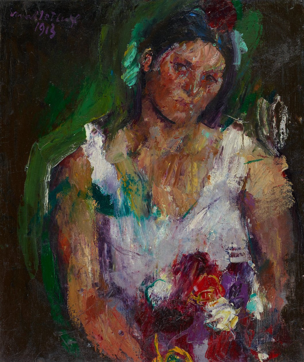 De vrouw van de kunstenaar met bloemen door Anton Kolig
