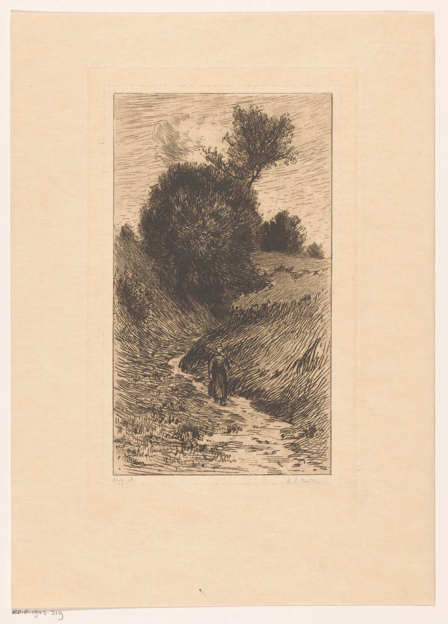 Vrouw op een holle weg door Anton L. Koster (signed by artist)