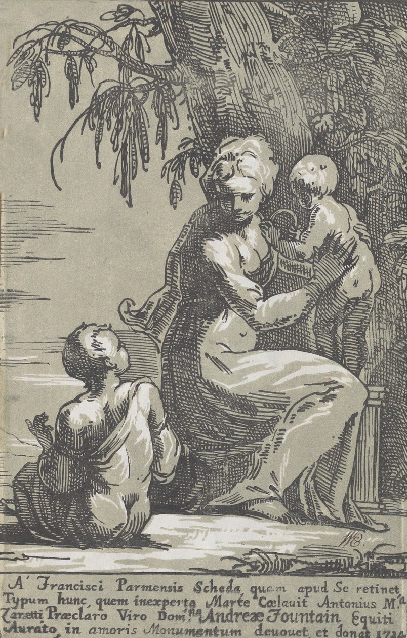 Een Vrouw Staand aan de Voet van een Boom met een Baby, met een Zittende Jongen door Anton Maria Zanetti