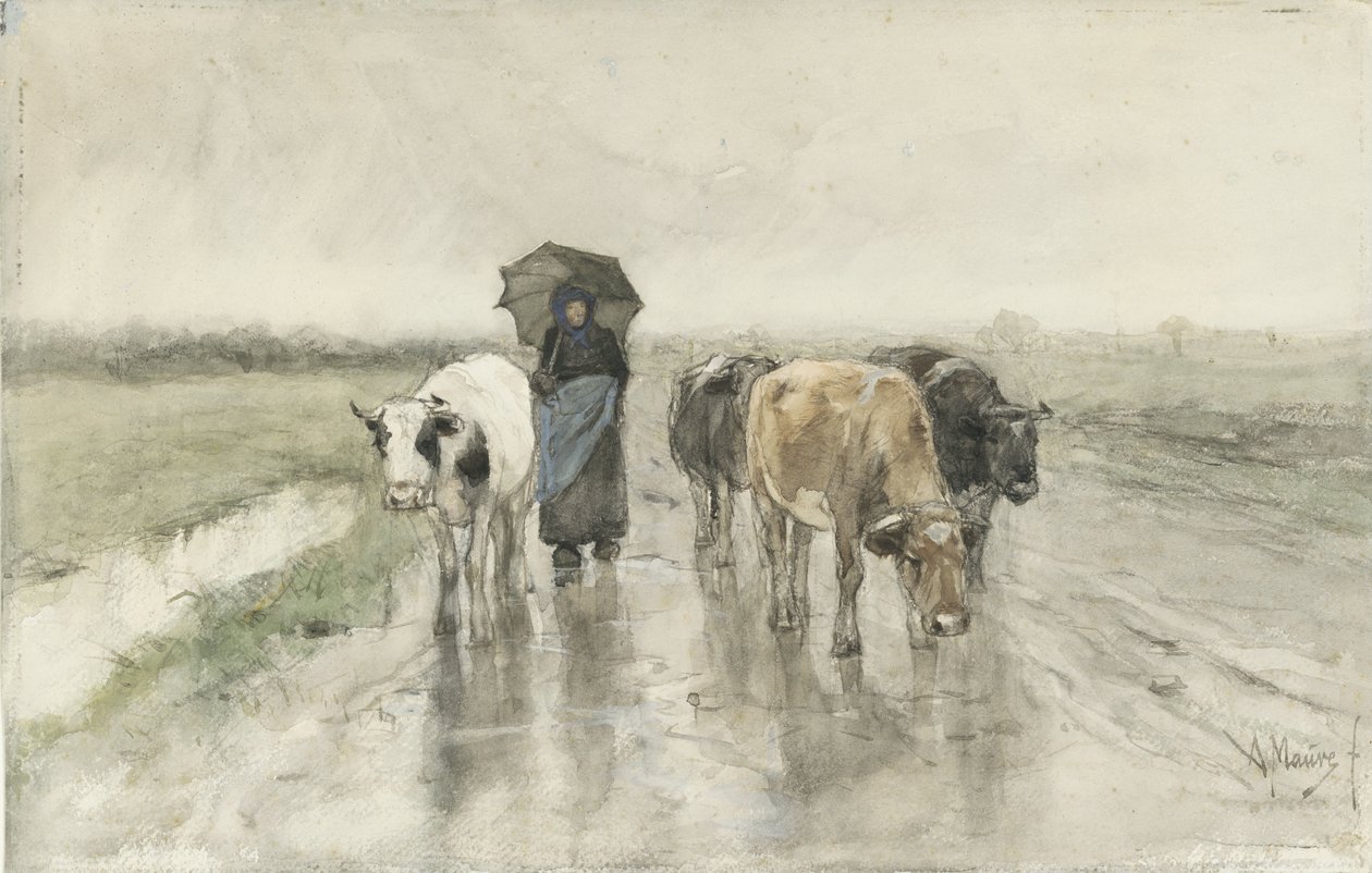 Een boerin met koeien op een landweg in de regen door Anton Mauve