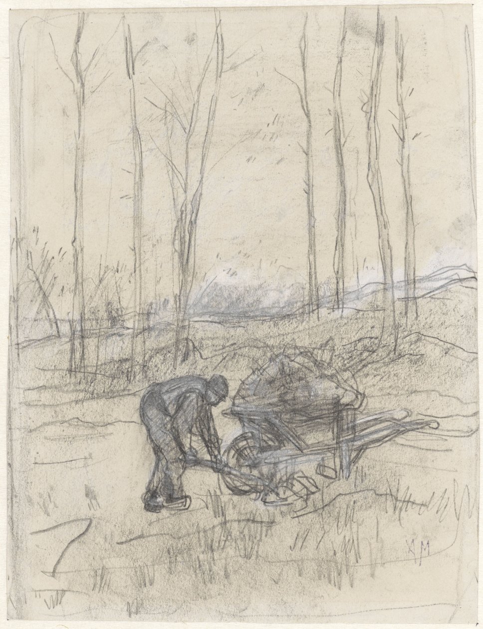 Boer aan het werk met een kruiwagen in het bos door Anton Mauve