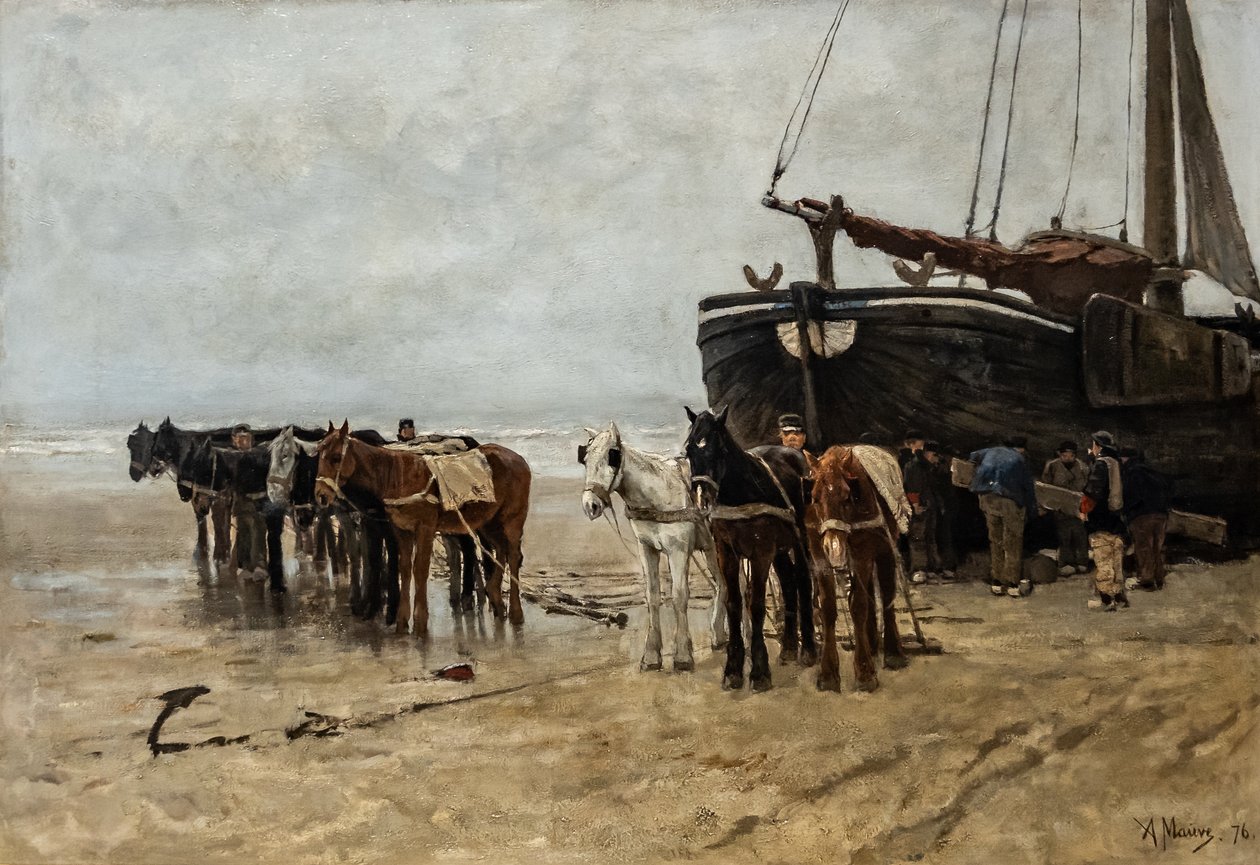 Dutch: Bomschuit met sleeppaarden op het strand van Scheveningen Fishing Boat with Tow Horses on Scheveningen Beach door Anton Mauve