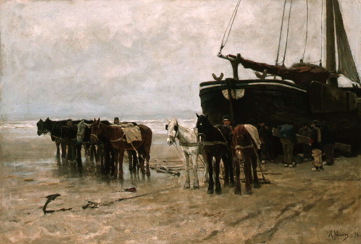 Dutch: Bomschuit met sleeppaarden op het strand van Scheveningen Fishing Boat with Tow Horses on Scheveningen Beach door Anton Mauve