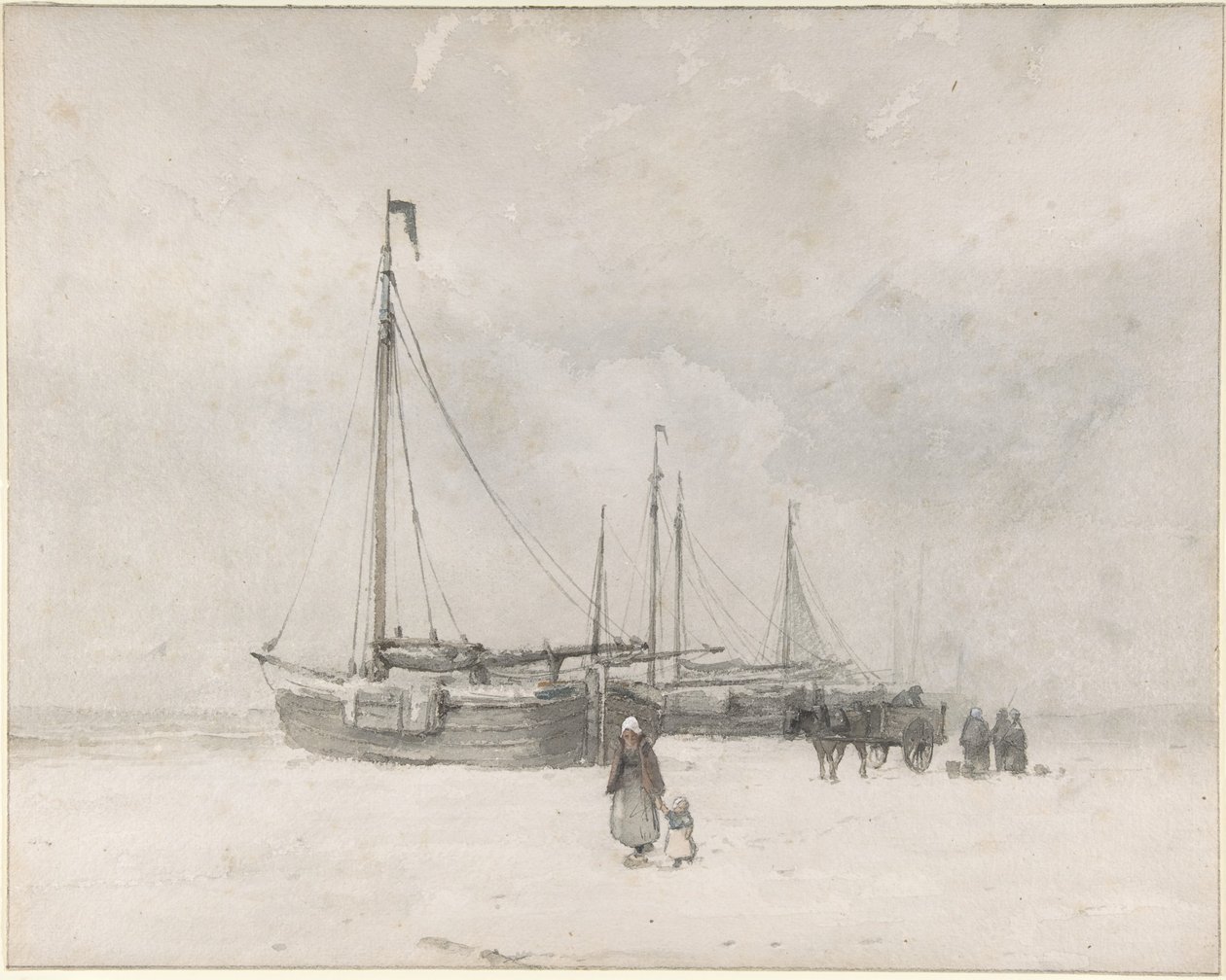 Vissersboten op het strand in de winter door Anton Mauve