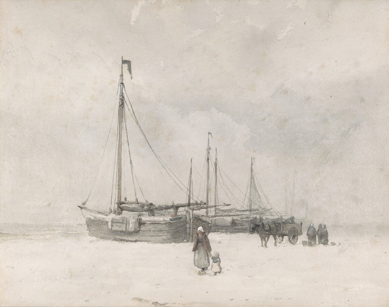 Vissersboten op het strand in de winter, midden tot laat 19e eeuw door Anton Mauve