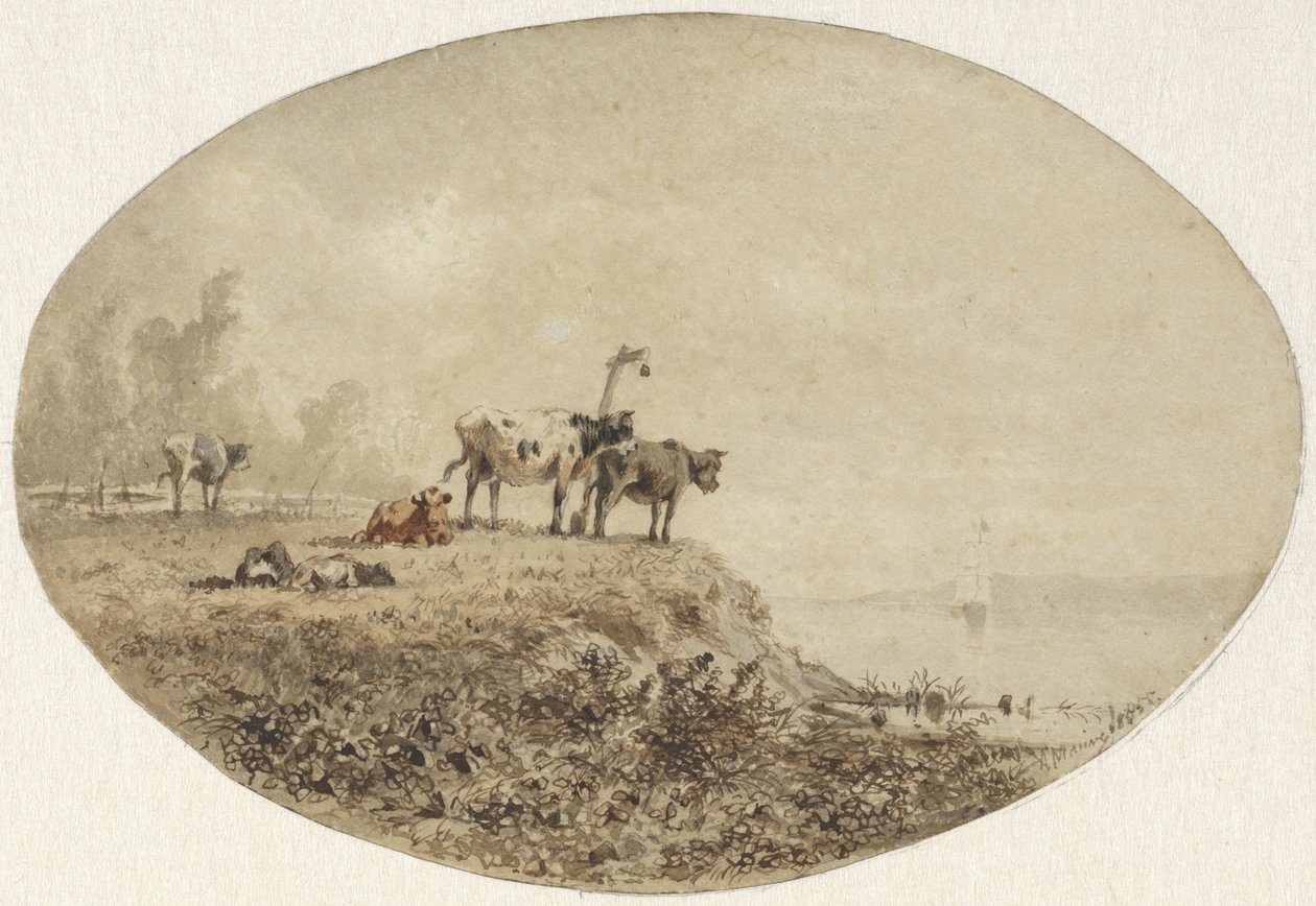 Koeien bij het water, in de verte een zeilschip door Anton Mauve