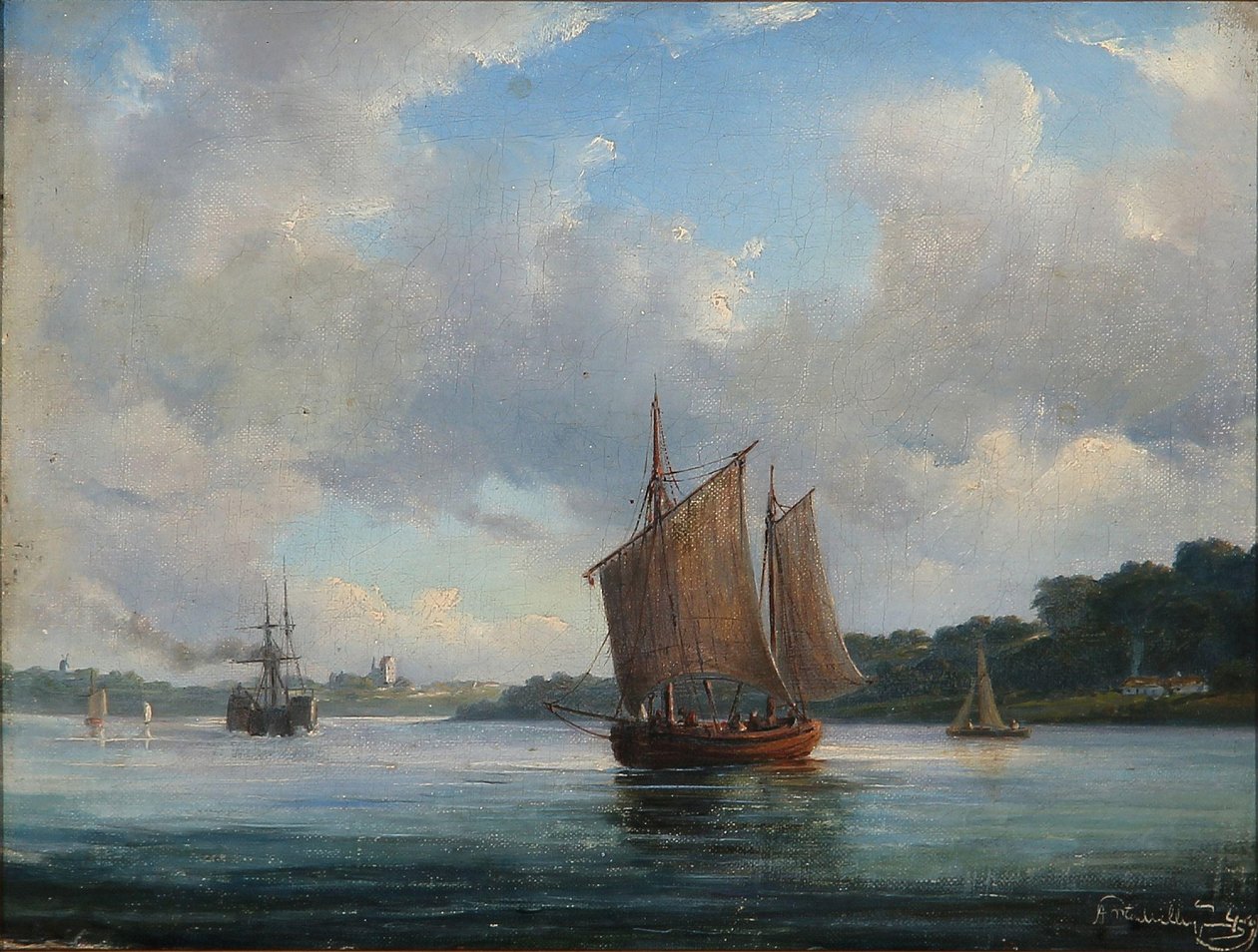 Rivierlandschap met vissersboten en een raderstoomboot door Anton Melbye