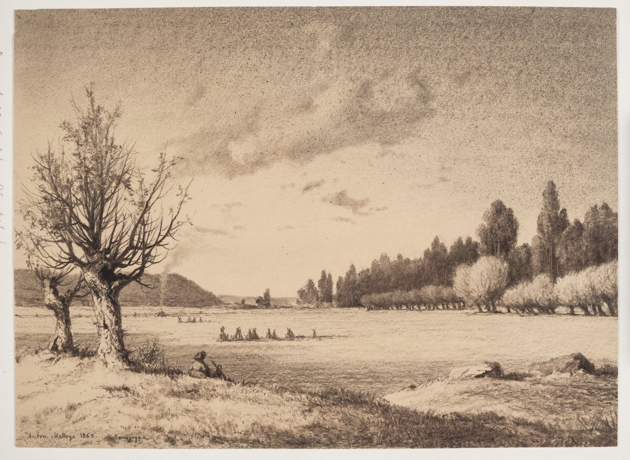 Open landschap met een bos in de verte. Bourgondië door Anton Melbye