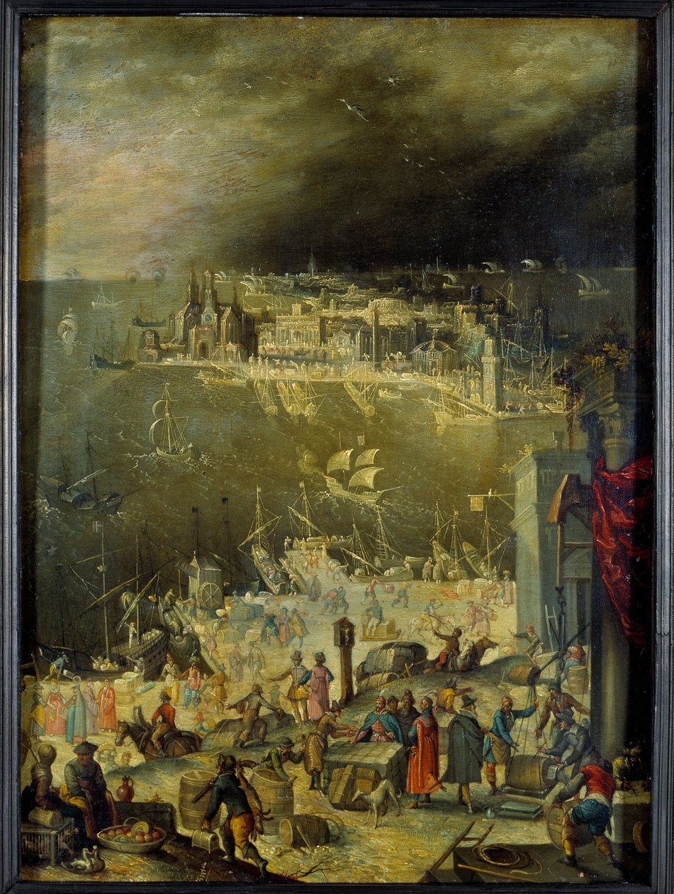 Zicht op een zeehaven door Anton Mozart