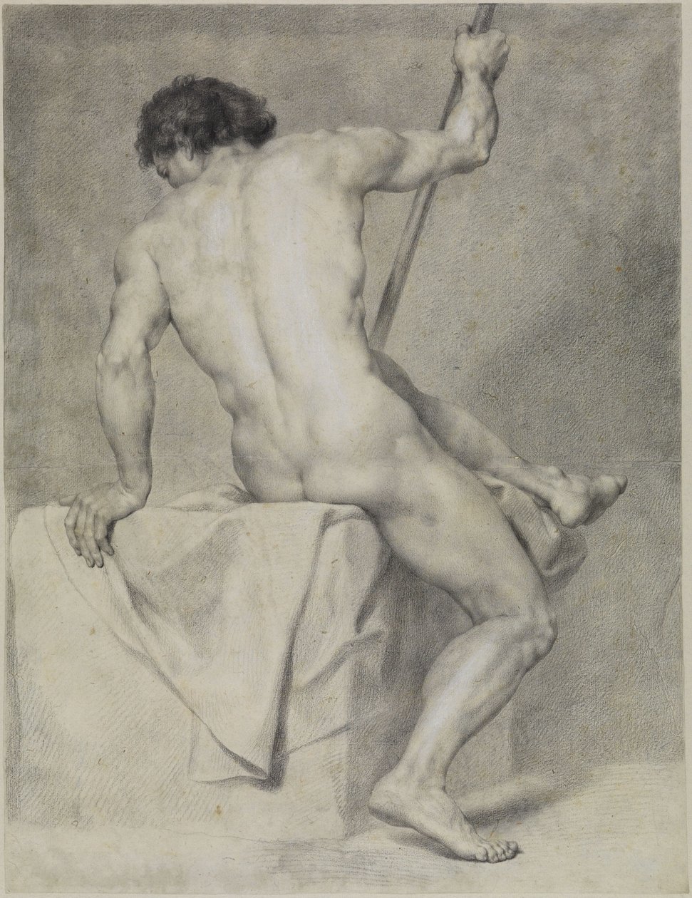 Zittend mannelijk naakt in achteraanzicht, met de linkerhand steunend, terwijl hij met de rechterhand een stok vasthoudt door Anton Raphael Mengs