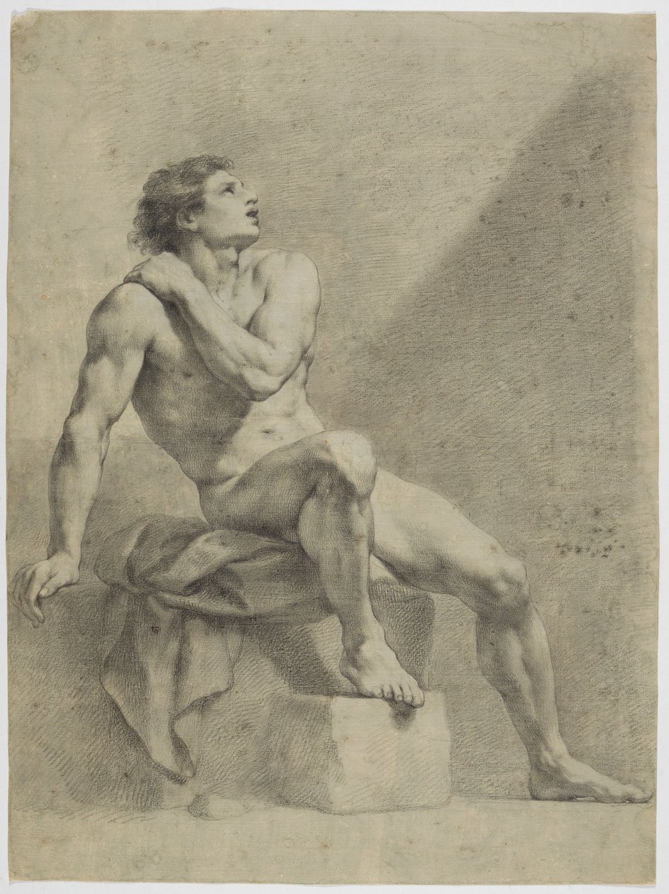 Zittend mannelijk naakt, schuin naar rechts, omhoogkijkend door Anton Raphael Mengs