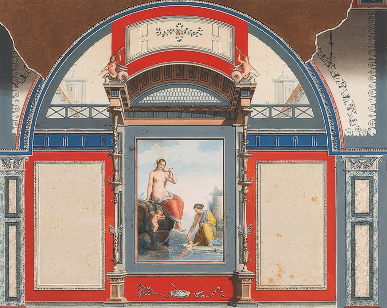 Muurschildering van een Romeins huis op het terrein van de Villa Negroni in Rome, Venus en een nimf met cupido