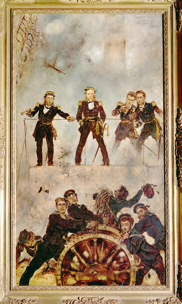 Admiraal Wilhelm Tegethoff op de brug van SMS Aartshertog Ferdinand Max, tijdens de slag bij Lissa tegen de Italiaanse vloot ... (schilderij op doek) door Anton Romako