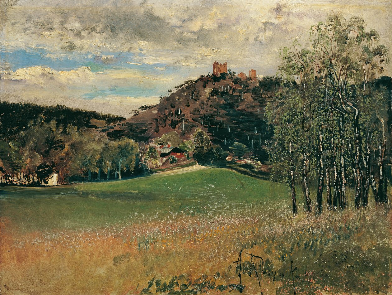 De Meiereiwiese in de Vorderbrühl met de ruïne Mödling door Anton Romako