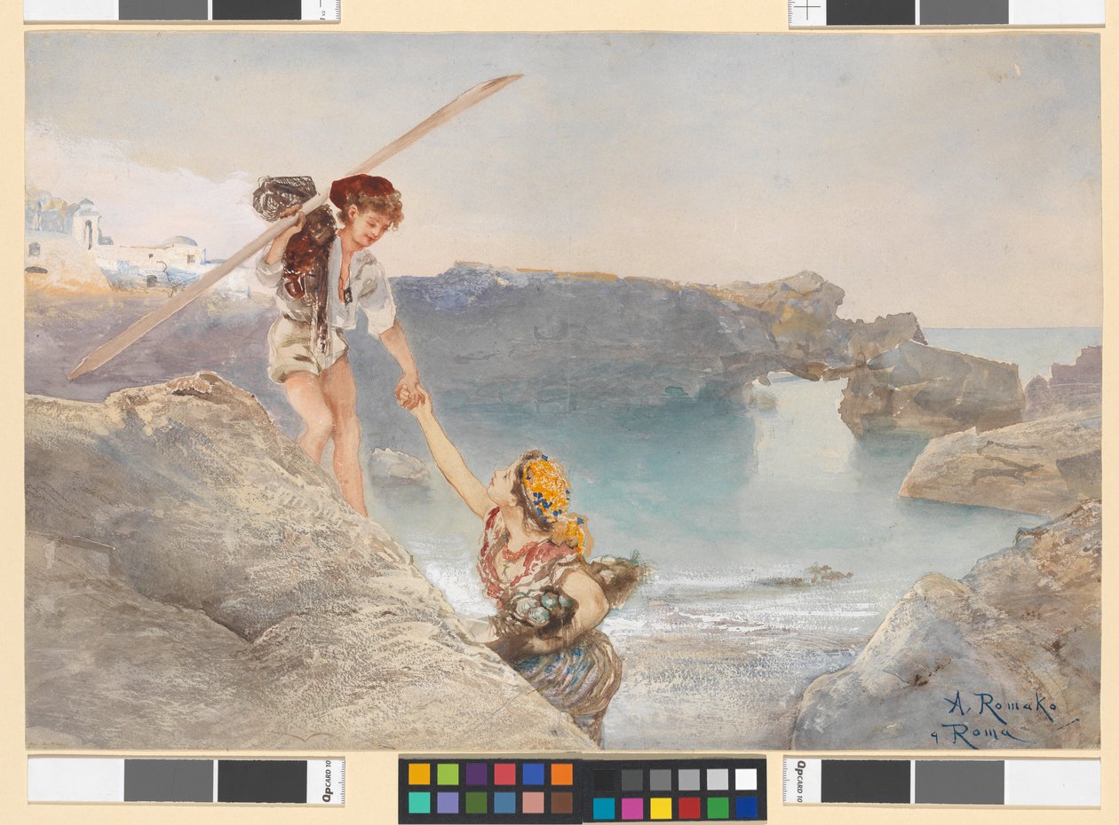Italiaanse vissersjongen en vissersmeisje aan de rotskust van Capri door Anton Romako