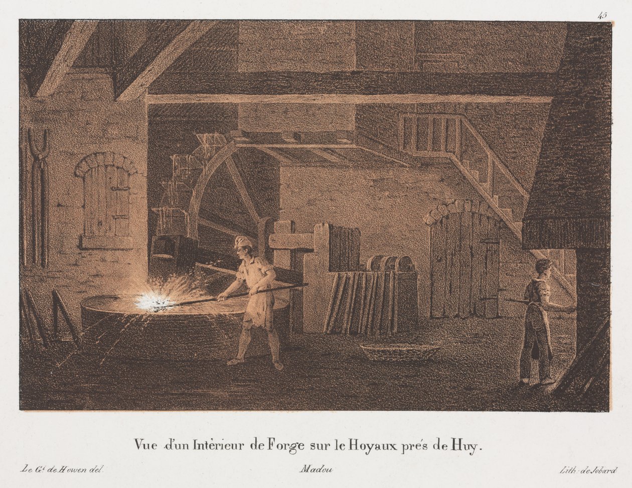 Interieur van een Smederij nabij Huy, België, gegraveerd door Jean-Baptiste Jobard (1792-1861) door Anton de after Howen