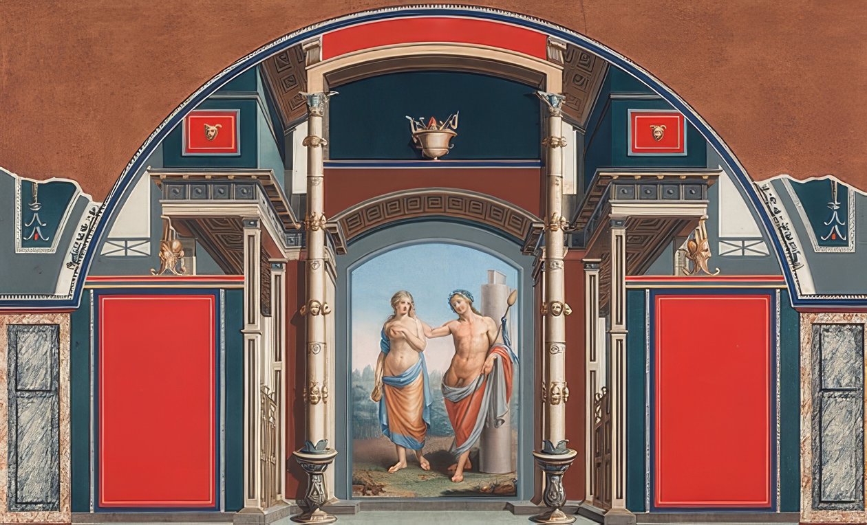 Muurschildering van een Romeins huis op het terrein van de Villa Negroni in Rome, Bacchus en Ariadne. 1783 door Anton von Maron