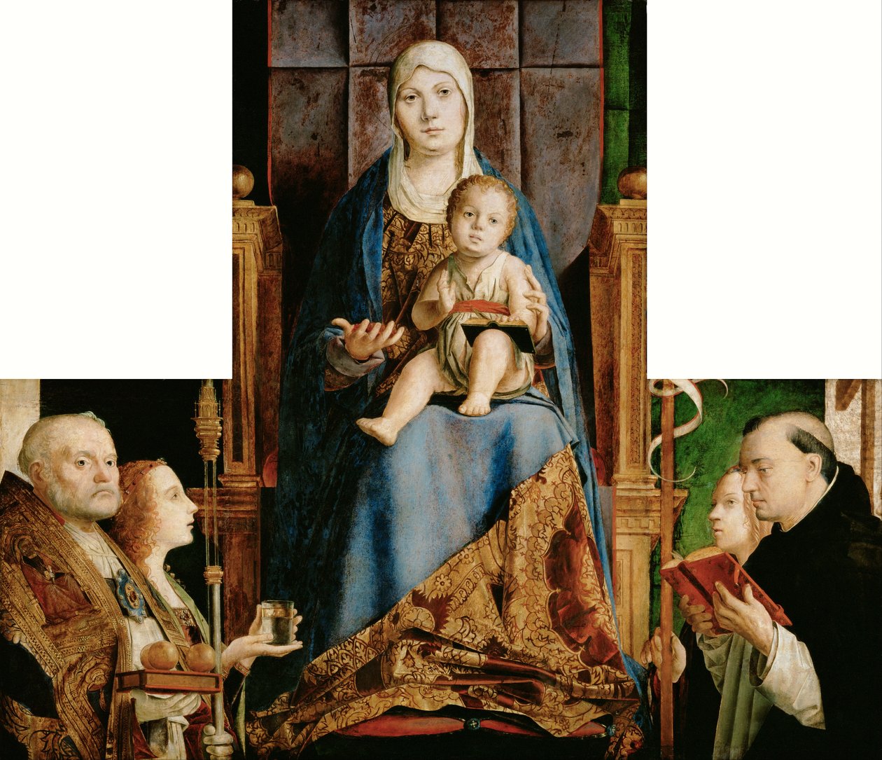 Duits: Maria met kind en Sint Nicolaas van Bari, Anastasia (), Ursula, Dominicus en (overlapt door de lijst) Helena San Cassiano Altaarstuk door Antonello da Messina