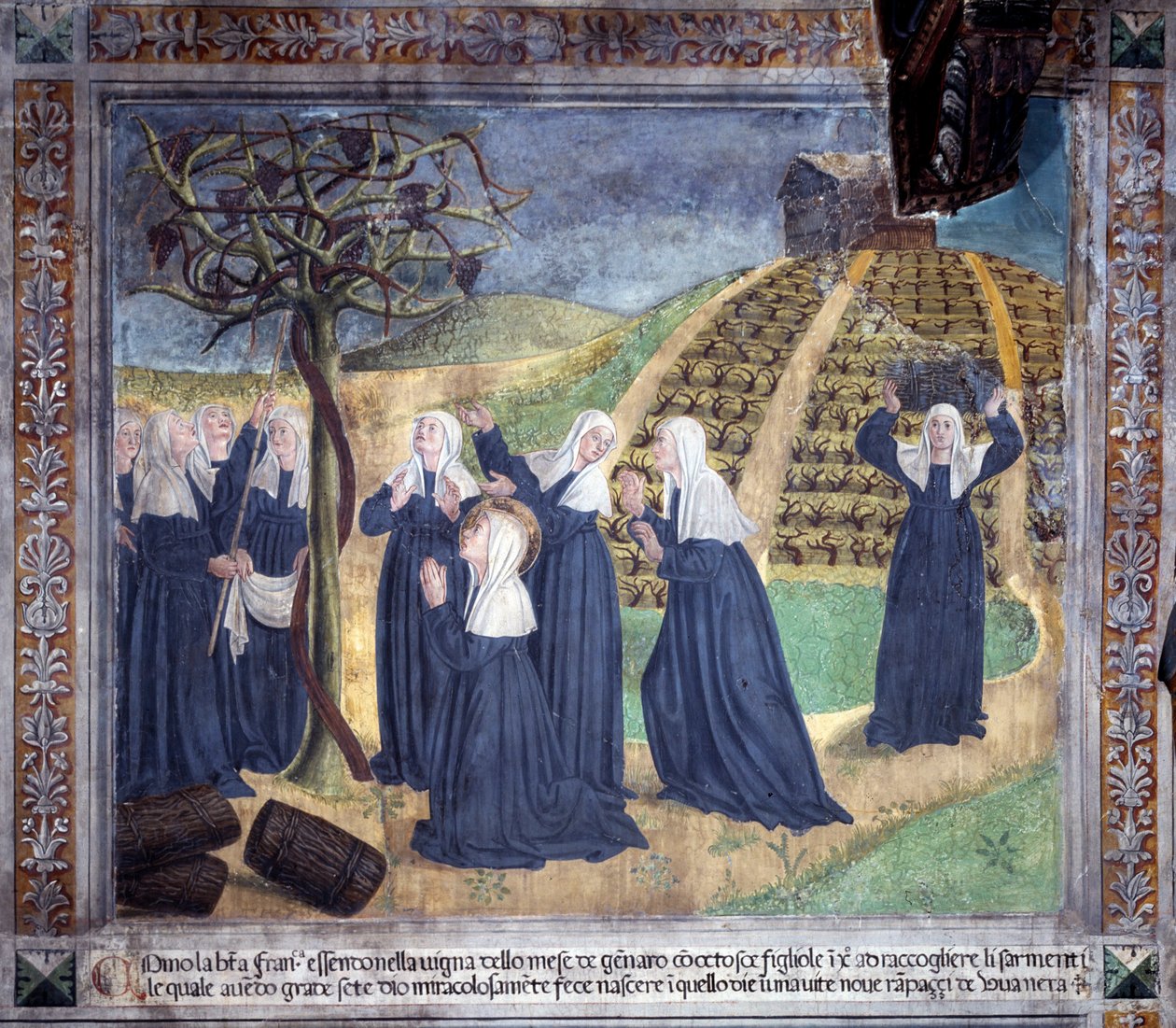 Het leven van St. Francesca Romana: De heilige onderhoudt de wijngaard met de zusters en laat druiven verschijnen in januari door Antoniazzo Romano