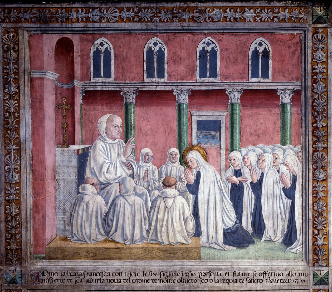 Het leven van St. Francesca Romana: De heilige en de oblaten bieden zich aan bij de benedictijner orde en vestigen zich in de kerk van Santa Maria Nova, Rome door Antoniazzo Romano