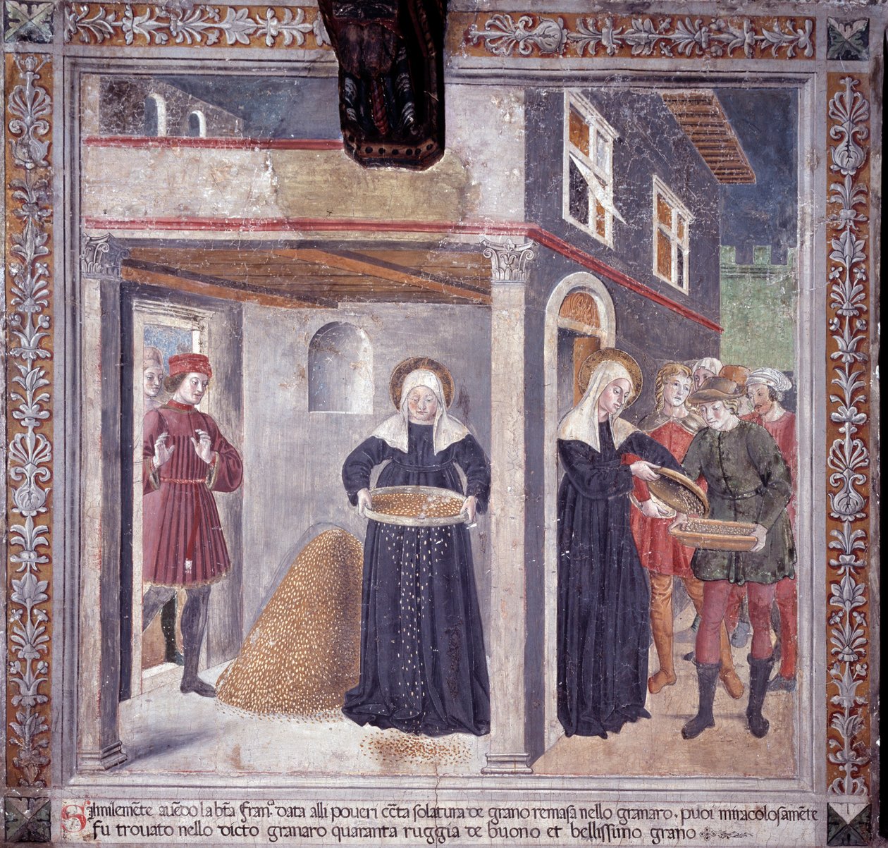 Leven van St. Francesca Romana: tijdens een ernstige hongersnood in 1402 geeft Francesca al haar graan aan de armen door Antoniazzo Romano