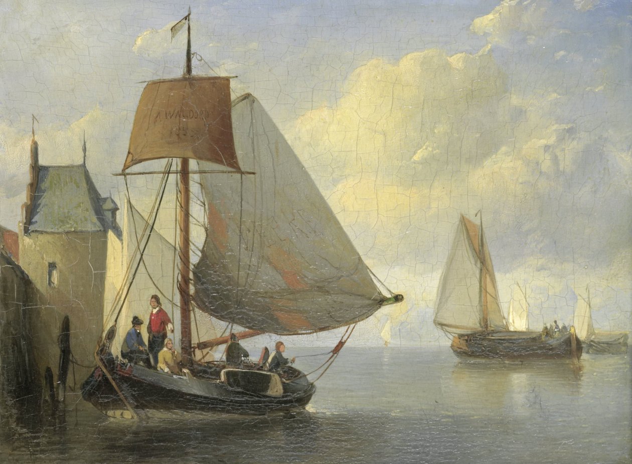 Riviergezicht met een waltoren geïnspireerd op de Camperveerse toren te Veere door Antonie Waldorp
