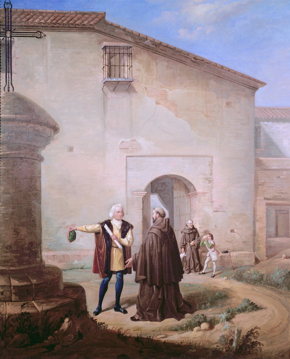 De Franciscaner Monniken van het Klooster van Santa Maria de la Rabida geven Brood en Water aan Christoffel Columbus en zijn Zoon Diego, 1858 door Antonio Cabral Bejarano