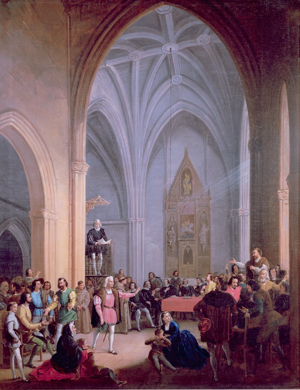 De brief van de Katholieke Koningen waarin de inwoners van Palos worden bevolen twee schepen te leveren voor Christoffel Columbus wordt voorgelezen vanaf de preekstoel van de Kerk van S. Jorge op 23 mei 1492 door Antonio Cabral Bejarano
