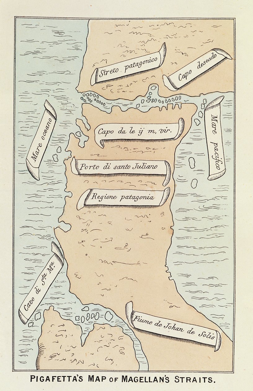 Patagonië en Tierra del Fuego met de zeestraat die later de naam van de navigator zal dragen, uit Ferdinand Magellaan