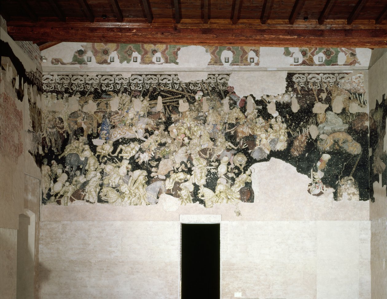 Strijdtoernooi, met de Lancastriaanse SS-kraag met goudsbloemen, embleem van de Gonzaga-familie, in de fries erboven, fragment van muurschildering uit de Sala del Pisanello door Antonio Pisanello