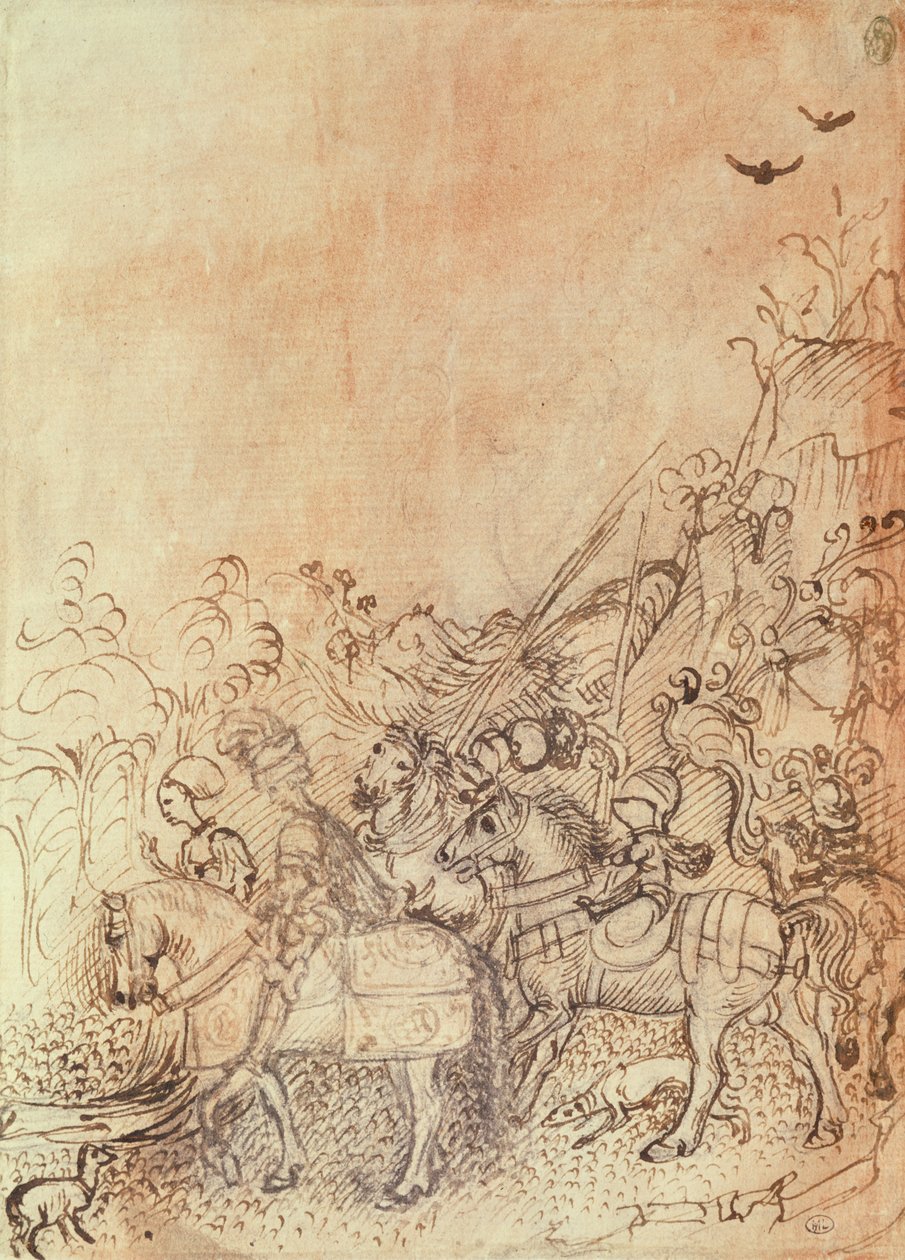 Jan van Gonzague en zijn hovelingen in een bergachtig landschap, uit het Vallardi Album door Antonio Pisanello