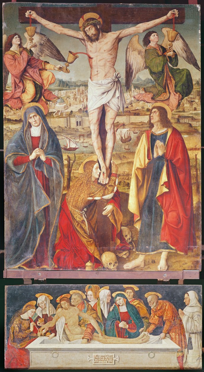 Kruisiging en Graflegging, centraal paneel van het Retabel van de Passie, 1517-20 door Antonio Ronzen
