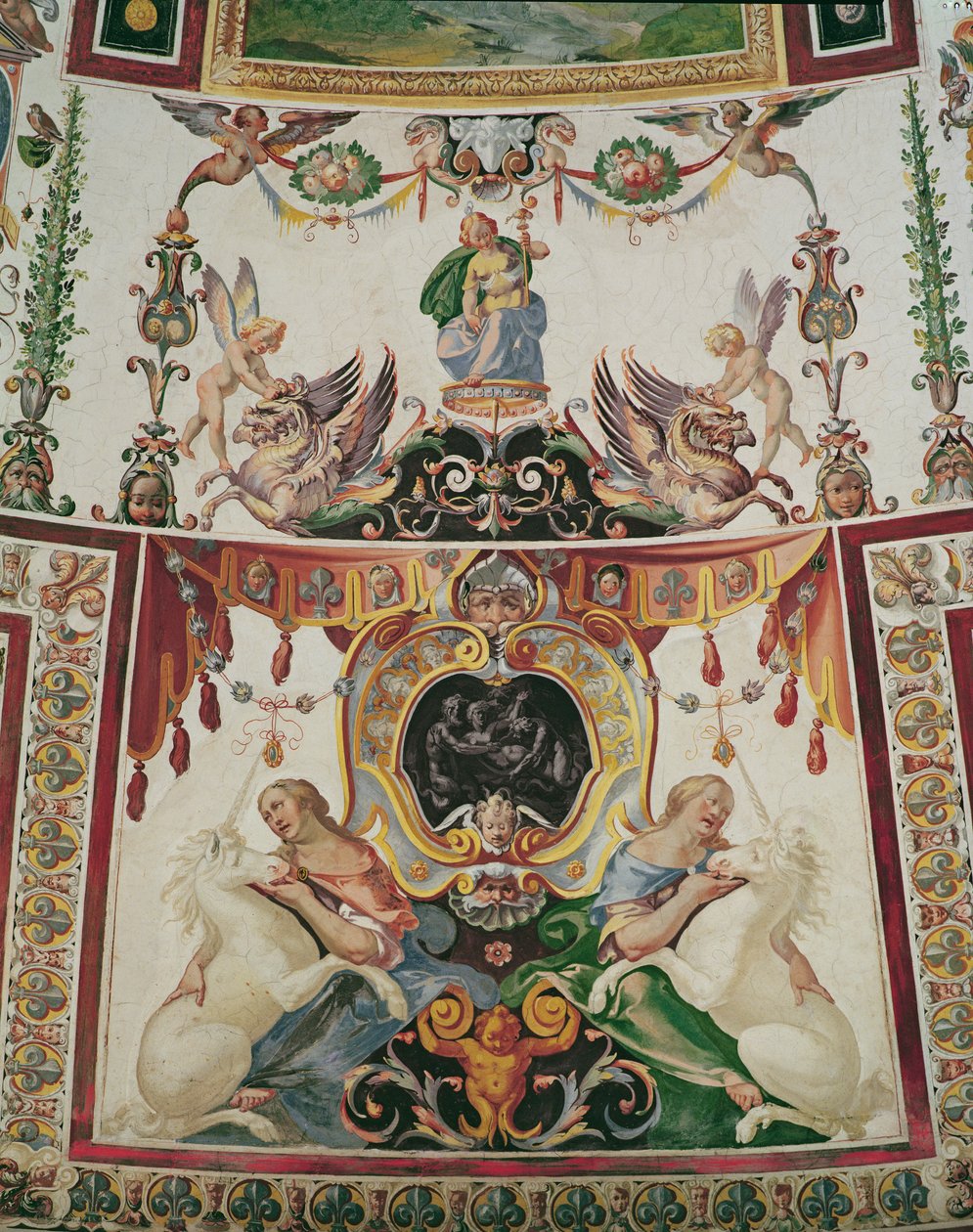 Detail van de decoratie van de Scala Regia met griffioenen, eenhoorns en allegorische figuren door Antonio Tempesta