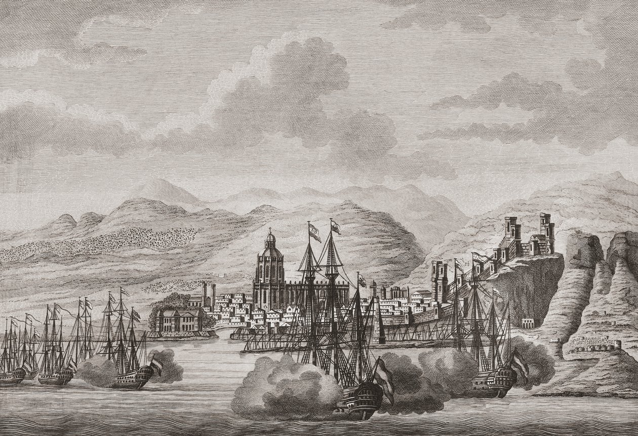 Nederlandse vloot bij Malaga, Spanje 1784 die saluut afvuurt. (prent) door Antonio (after) Suntach