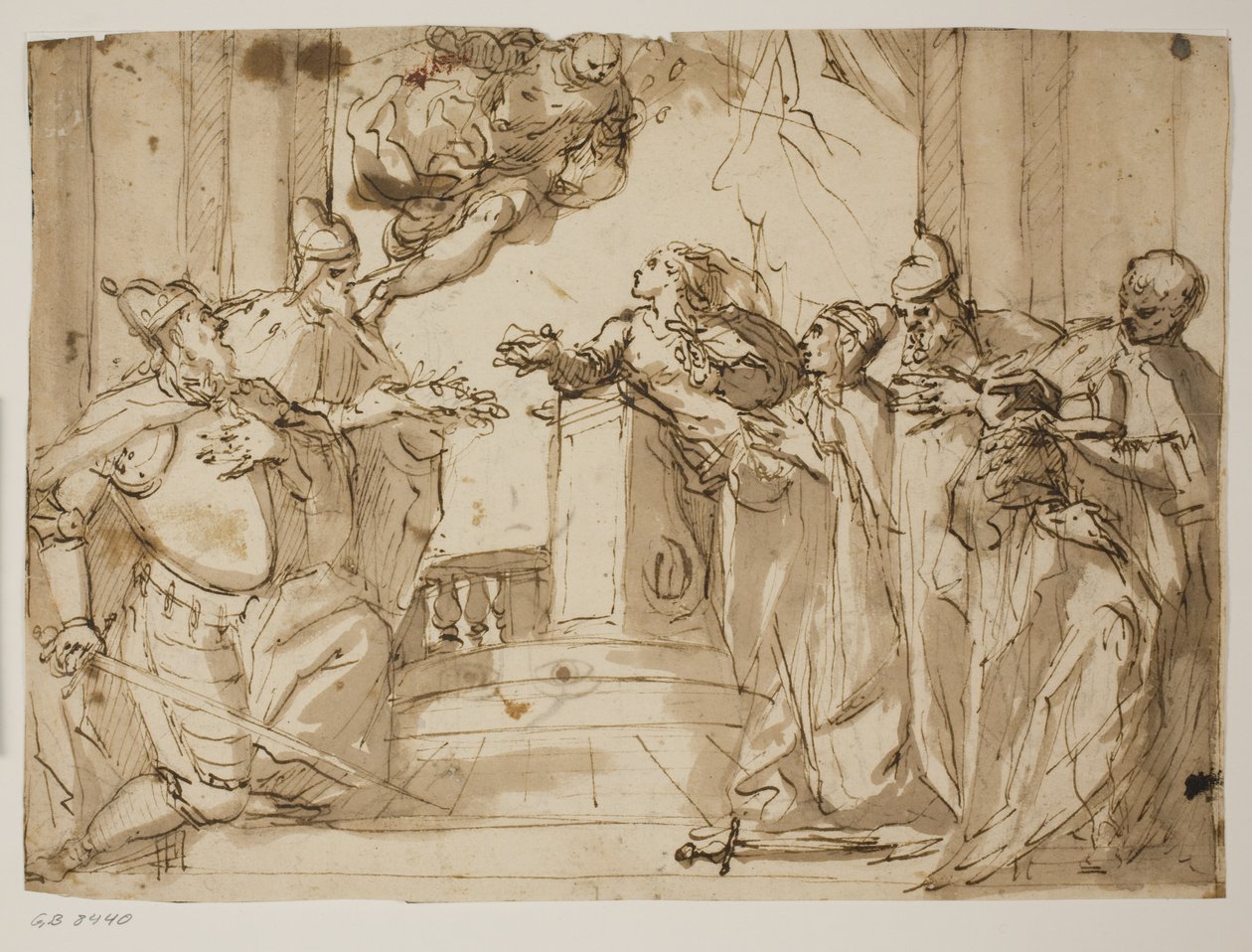 Vier doges en een man in een mantel met de dogehoed in zijn handen, met de Annunciatie(?) op de achtergrond door Antonio Aliense