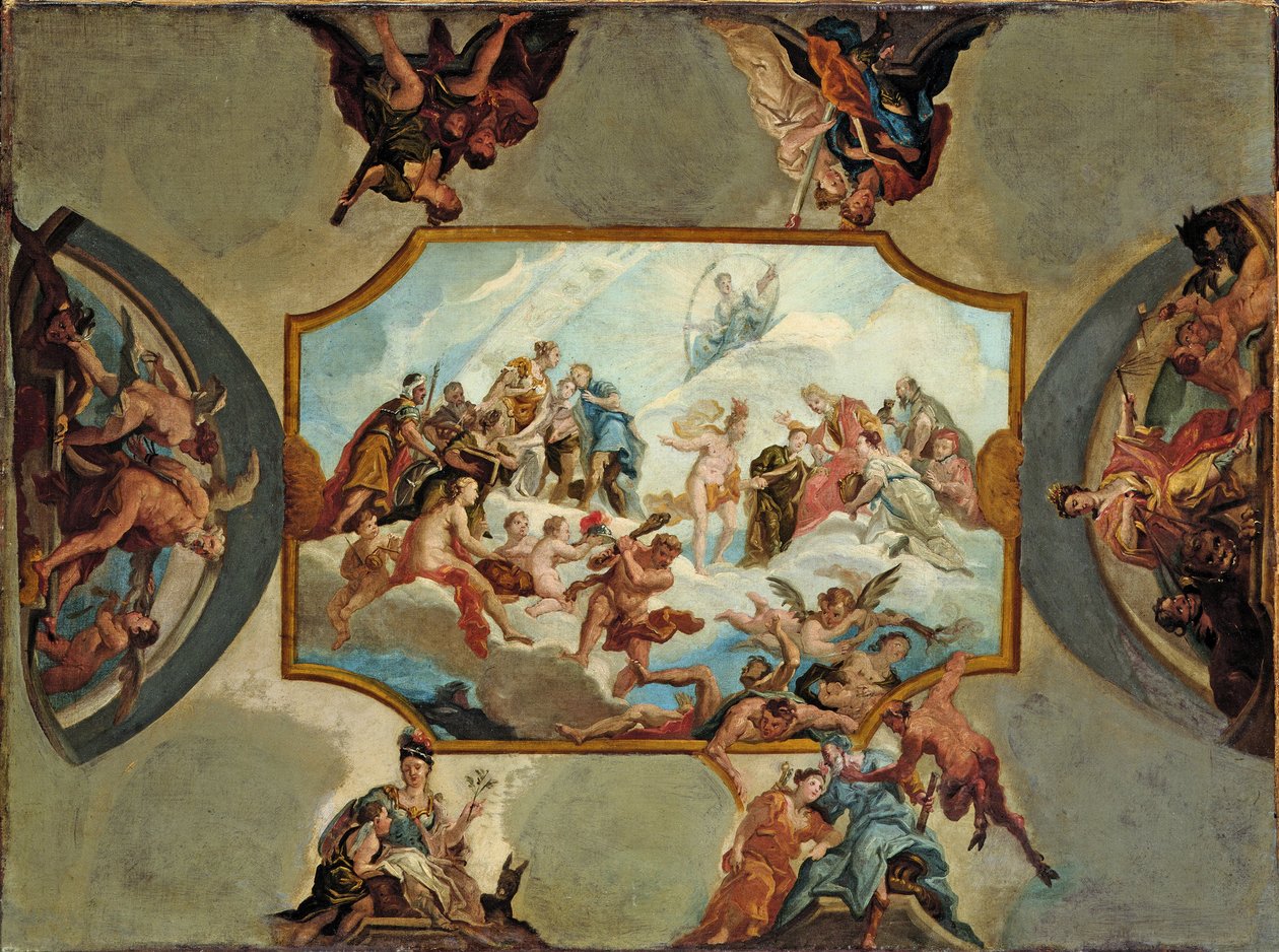 Eerbetoon aan Johann Wilhelm, keurvorst van de Palts. Ontwerp voor een plafondschildering voor kasteel Bensberg, 1709 door Antonio Bellucci