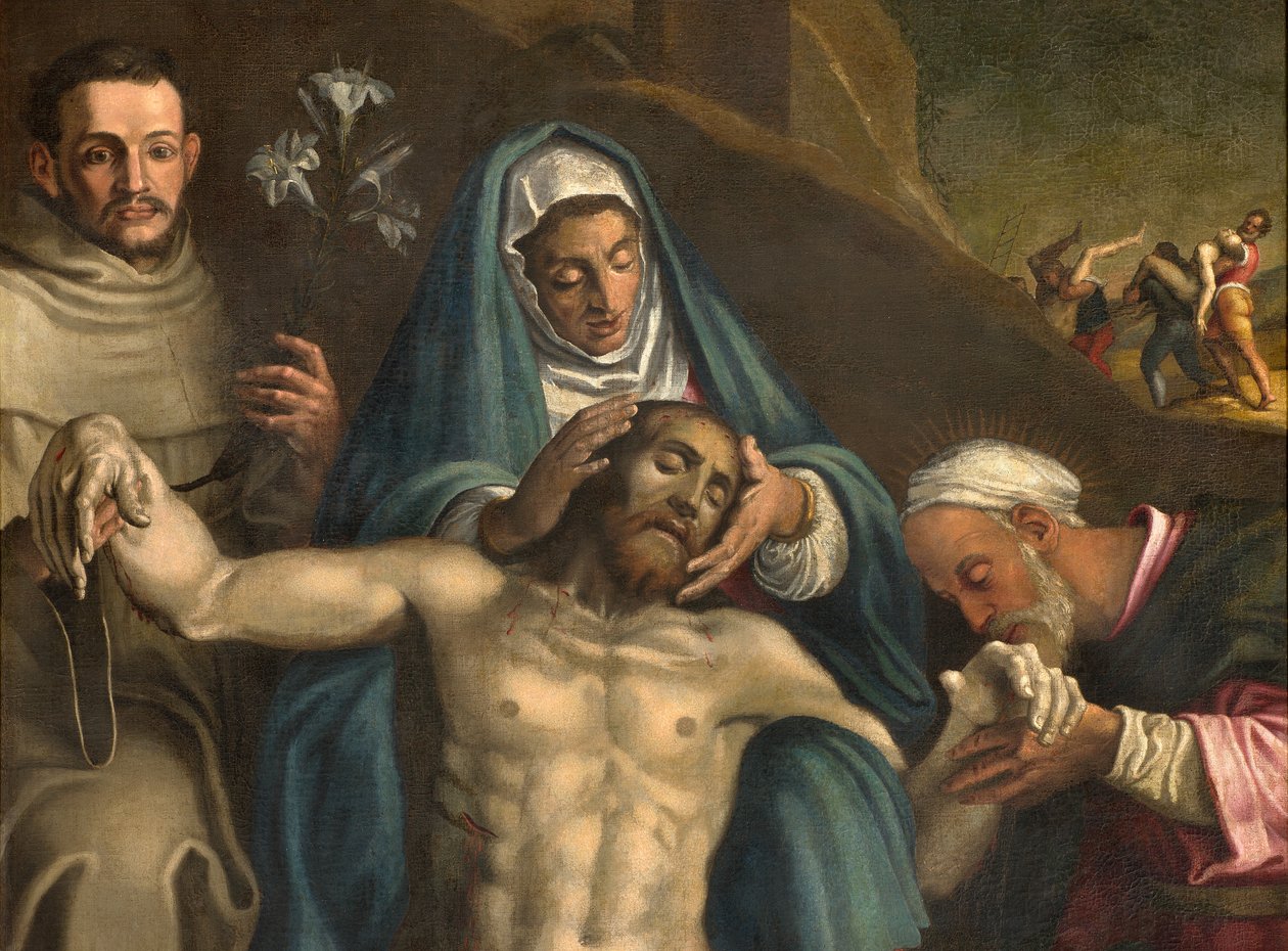 Noord Transept, Altaar van de Deposition, Deposition van Christus ondersteund door de Maagd en de Heiligen Raymond en Anthony van Padua, Antonio Campi 1566, Detail altaarstuk door Antonio Campi