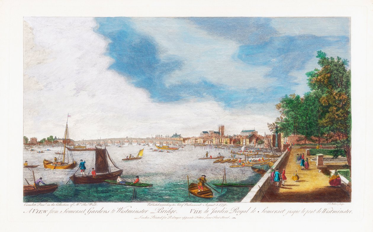 Een Uitzicht Vanaf Somerset Gardens naar Westminster Bridge, gegraveerd door John Miller, 1750 door Giovanni Antonio Canal