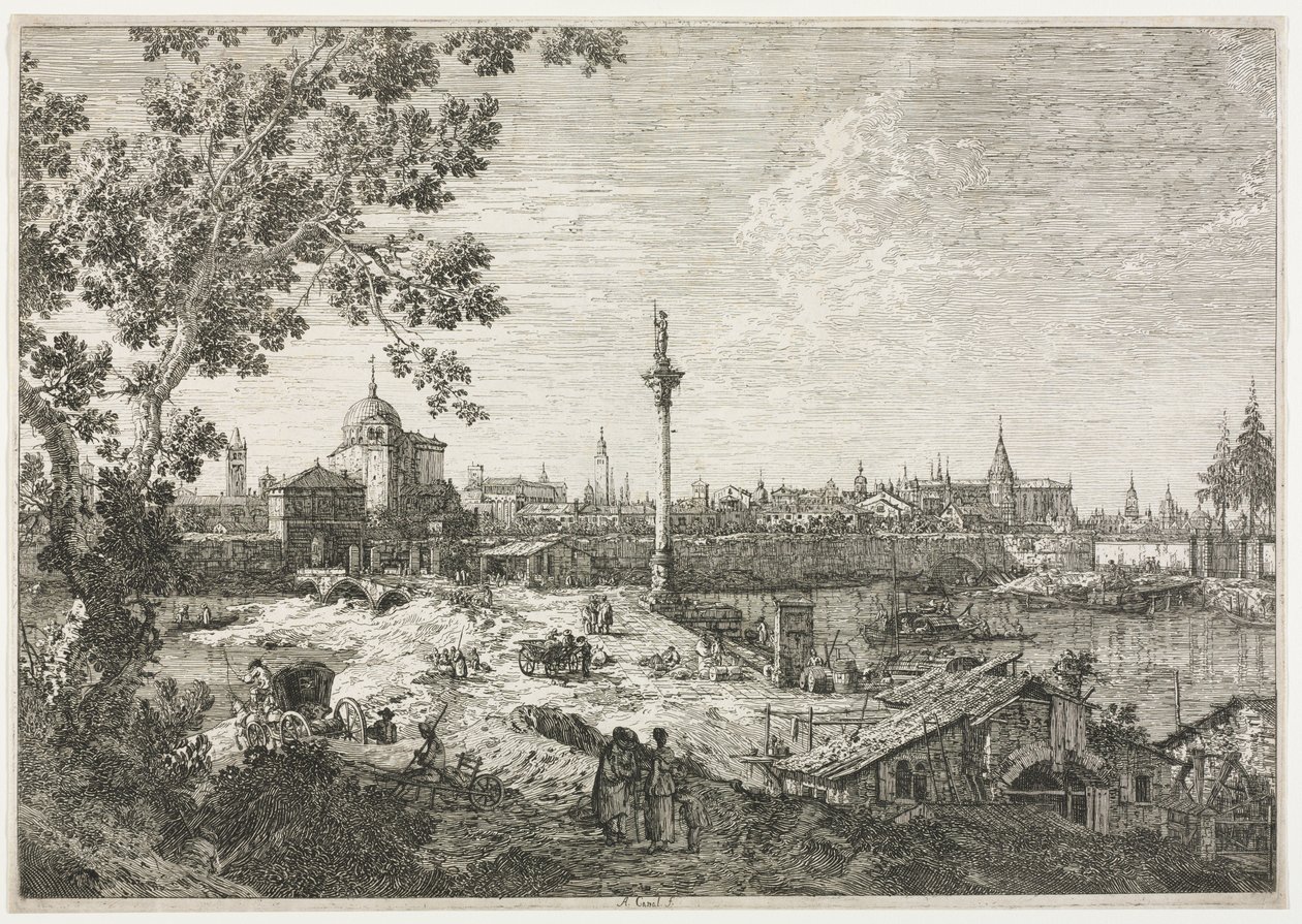 Panorama van een stad aan een rivier door Antonio Canaletto