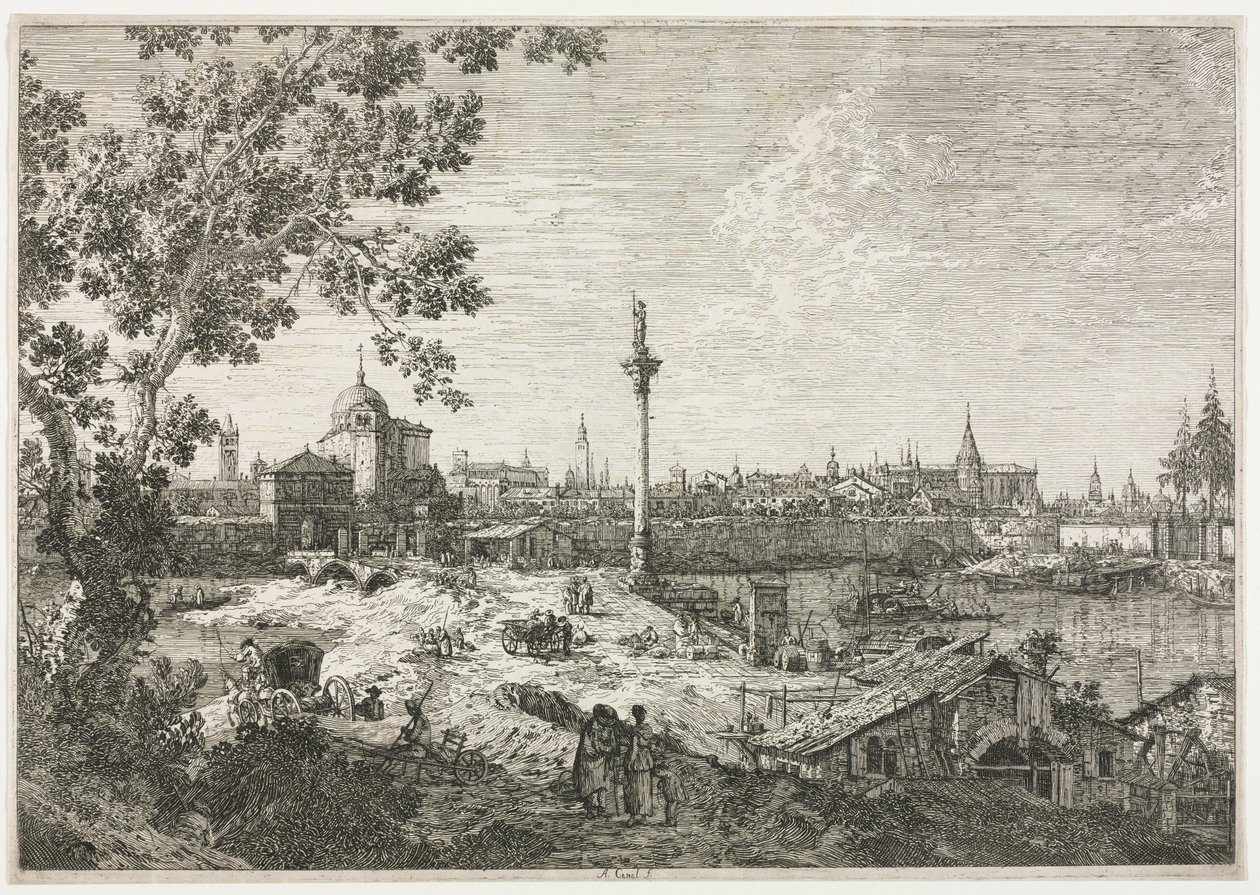 Panorama van een Stad aan een Rivier door Giovanni Antonio Canal