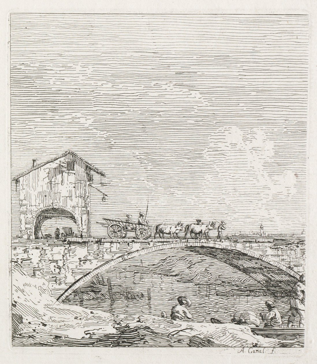 Uitzichten: Een Wagen die over een Brug Gaat door Antonio Canaletto