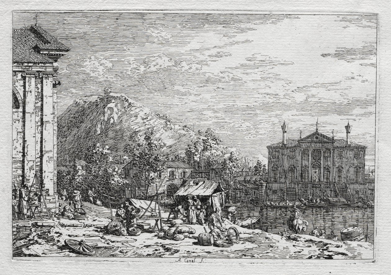 Gezichten van Venetië en omgeving: Een stad voorbij een rivier, 1700s door Giovanni Antonio Canal