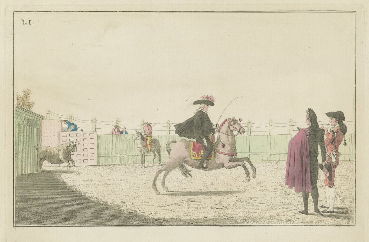 Plaat I, uit de serie Colección de las principales suertes de una corrida de toros (Verzameling van de belangrijkste acties in een stierengevecht) door Antonio Carnicero