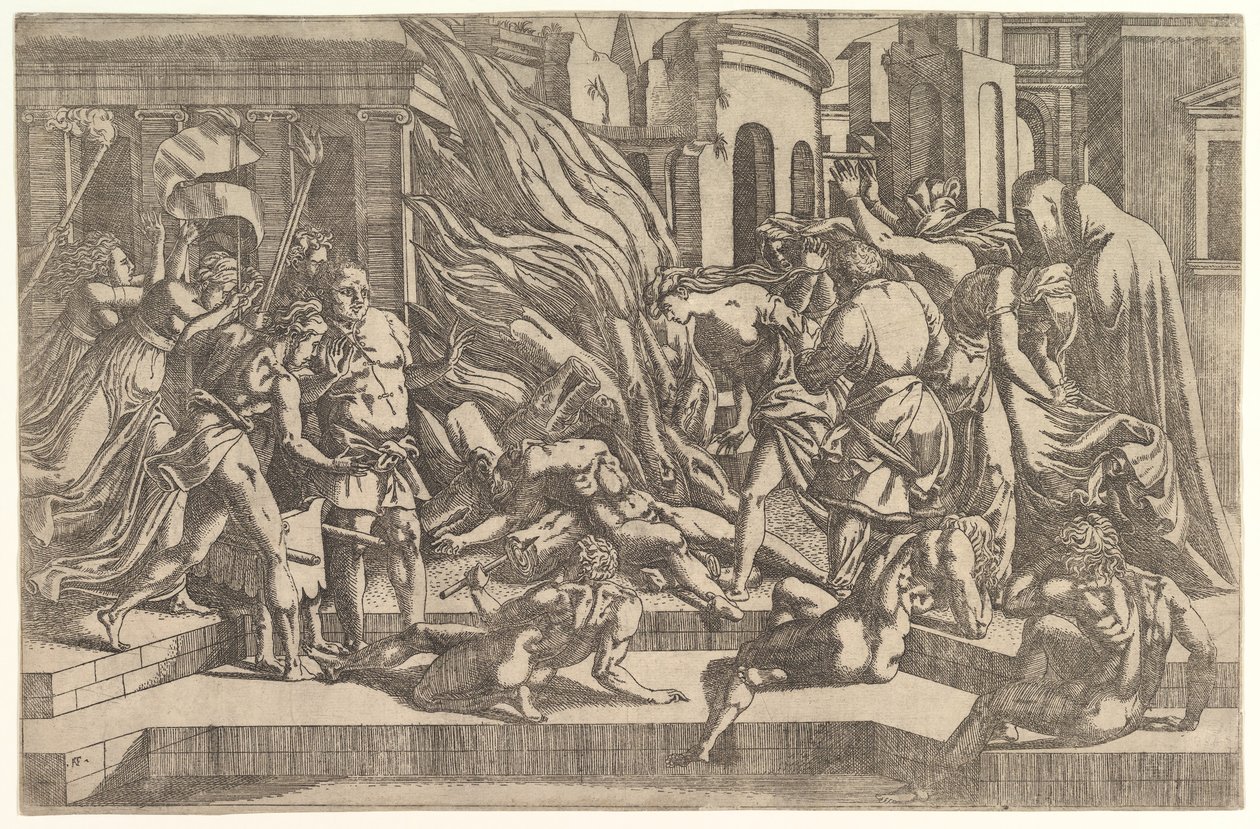 Verbranding van een lijk, ca. 1543 door Antonio Fantuzzi