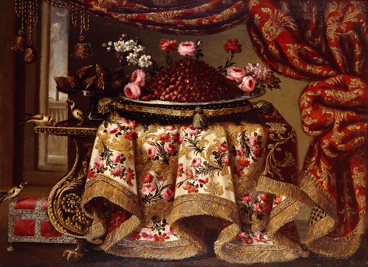 Een schaal aardbeien met bloemen op een kussen en een tazza vijgen op een tafel gedrapeerd met een geborduurd kleed, met vogels en een kist naast een gordijn en raam door Antonio Gianlisi