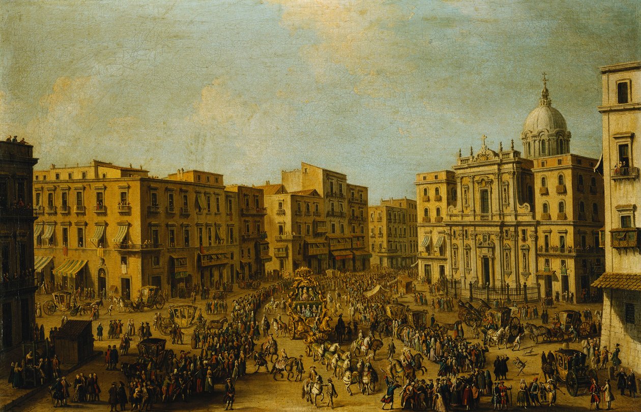 Het Largo San Ferdinando, Napels, tijdens carnaval met de koninklijke koets die het Palazzo Reale nadert door Antonio Joli