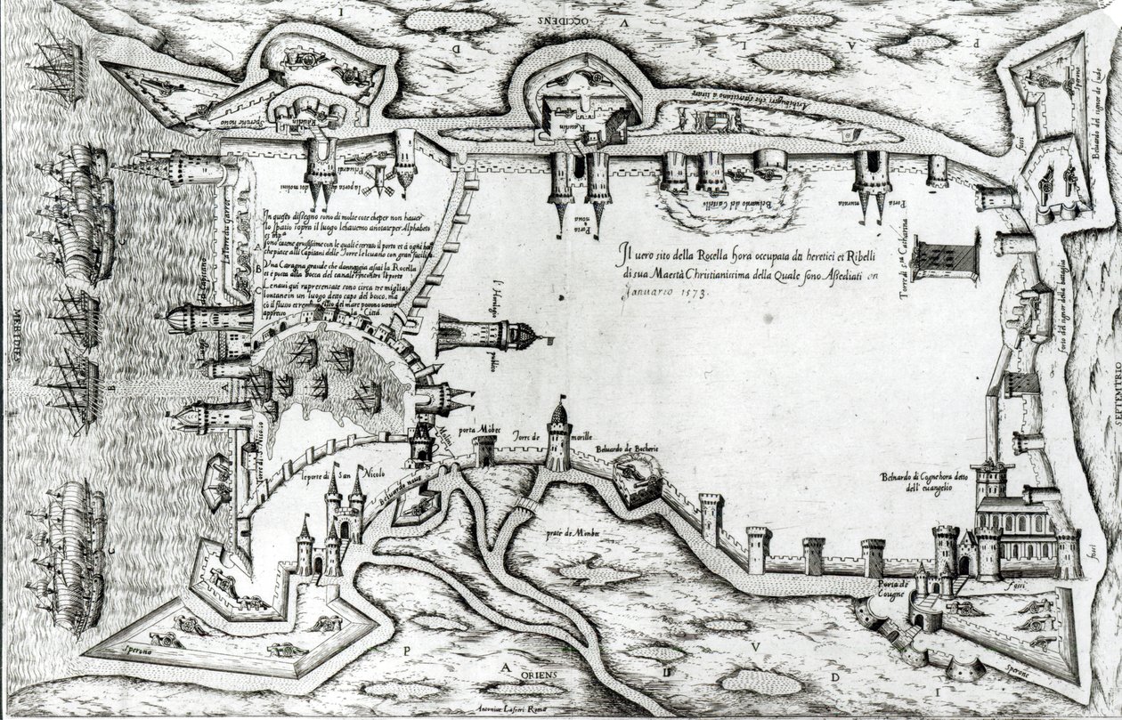 Kaart die La Rochelle bezet door de Hugenoten illustreert door Antonio Lafreri