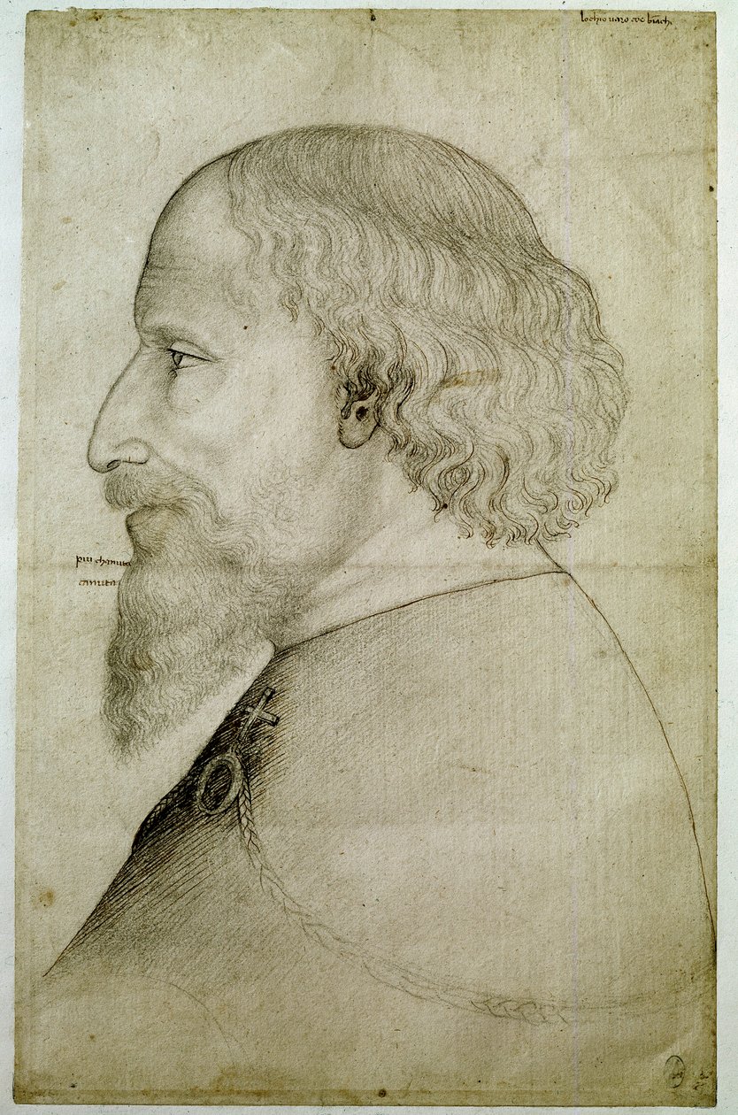 Keizer Sigismund van Luxemburg, gezien in buste, profiel naar links. Tekening door Antonio di Puccio Pisano, genaamd Pisanello door Antonio Pisanello